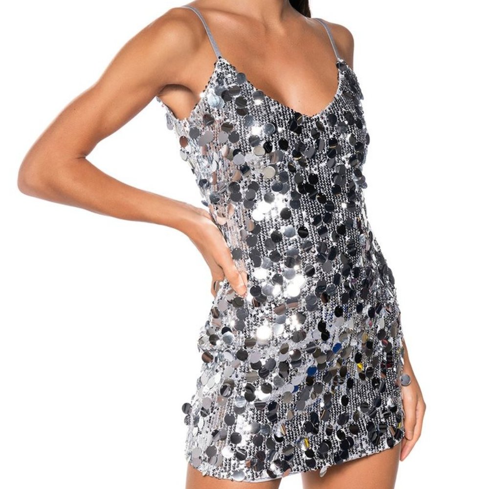 Callie Big Coins: Sequin Silver Scoop Neck Mini Dress Medium - Picture 6 of 6